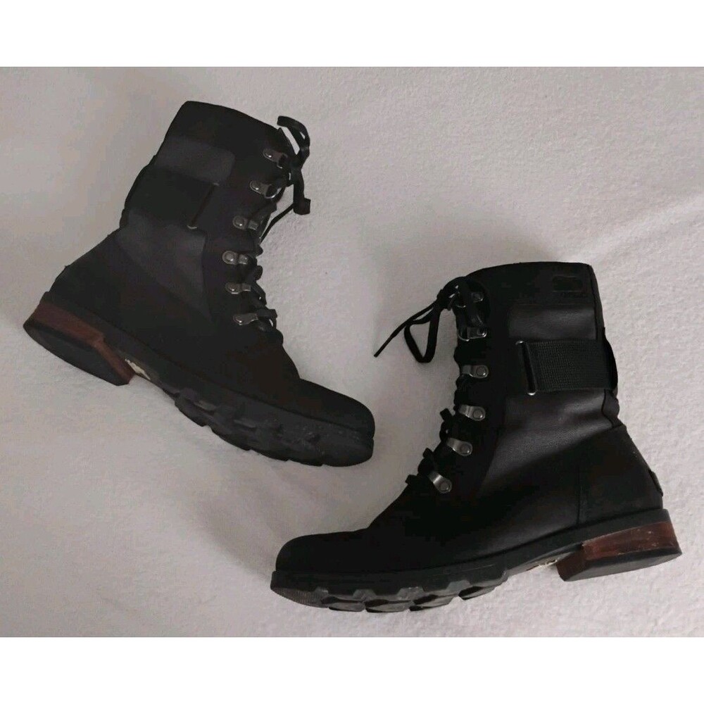 Sorel Emelie Conquest Boots Women's Black Waterproof Lace Up Combat Lug Moto 9.5